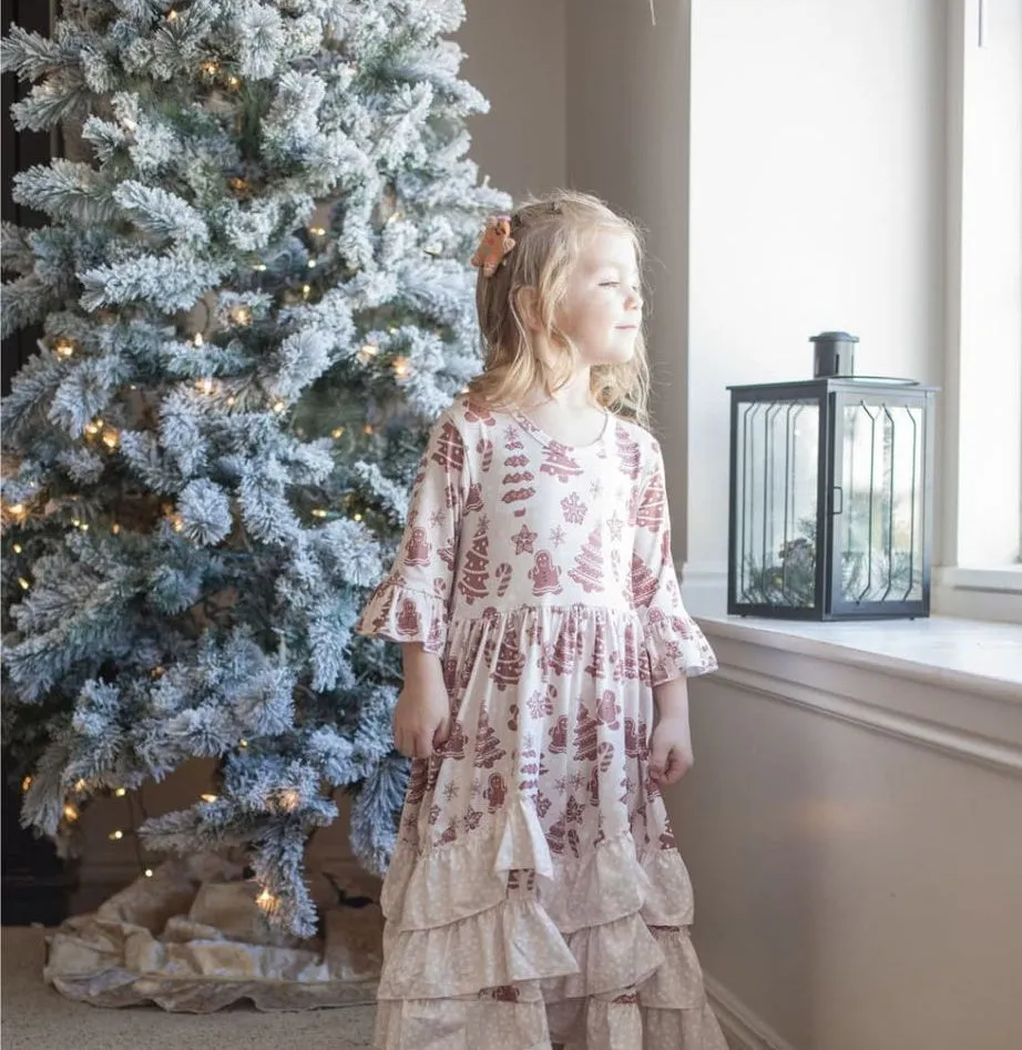 Girls Long Ruffle Holiday/Christmas  Dresses - Blush Gingerbread Man & Trees