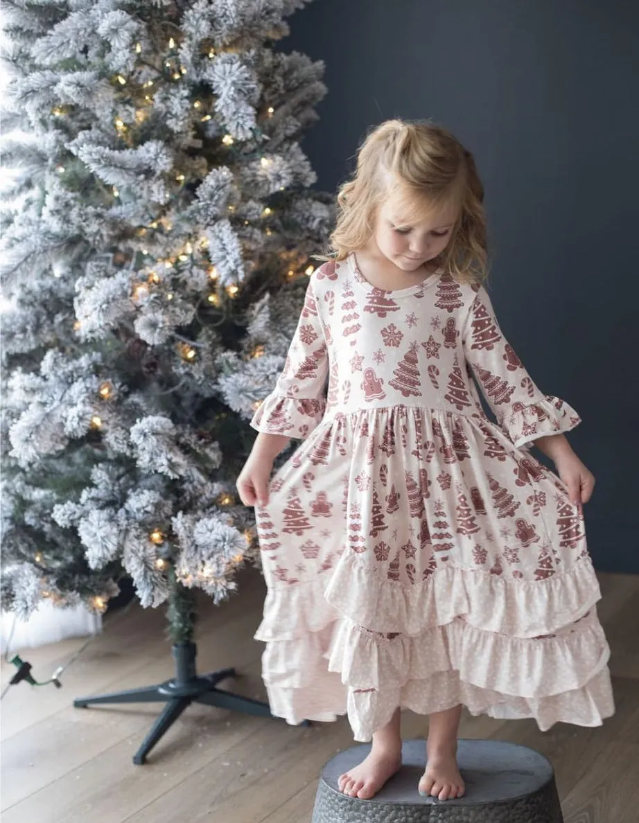 Girls Long Ruffle Holiday/Christmas  Dresses - Blush Gingerbread Man & Trees