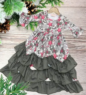 Girls Long Ruffle Holiday/Christmas  Dresses - Green With Red Star Ornaments