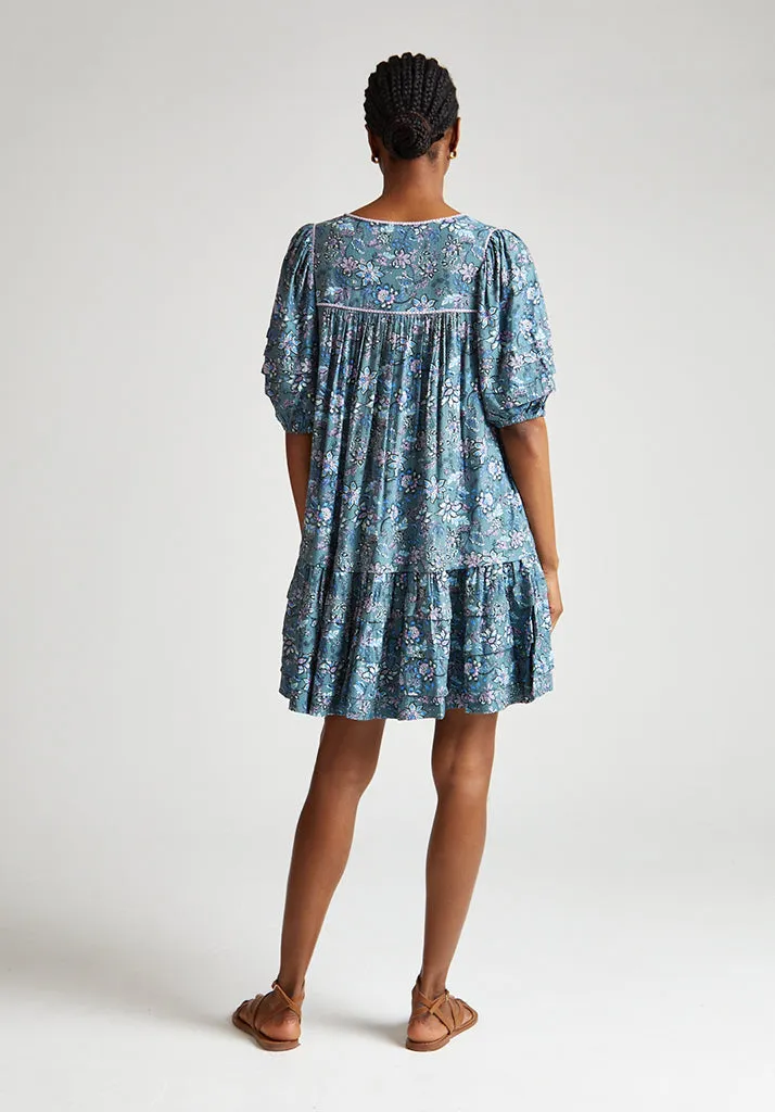 Grace Tiered Hem Floral Printed Mini Dress In Blue