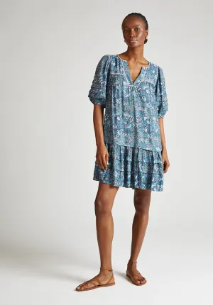 Grace Tiered Hem Floral Printed Mini Dress In Blue