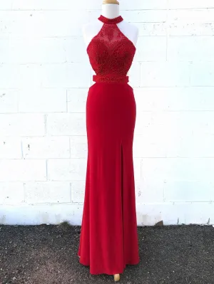 Graceful Spandex Halter Neckline Cut-out Floor-length Sheath Prom Dresses With Beaded Appliques PD012