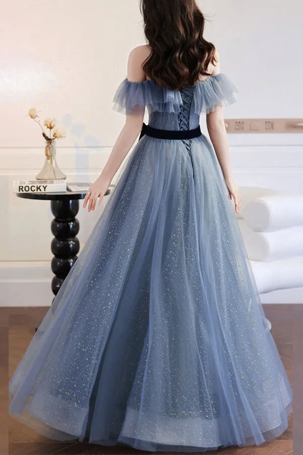 Grey Blue Tulle A-line Off Shoulder Prom Dresses, Long Formal Dress,fancy dresses