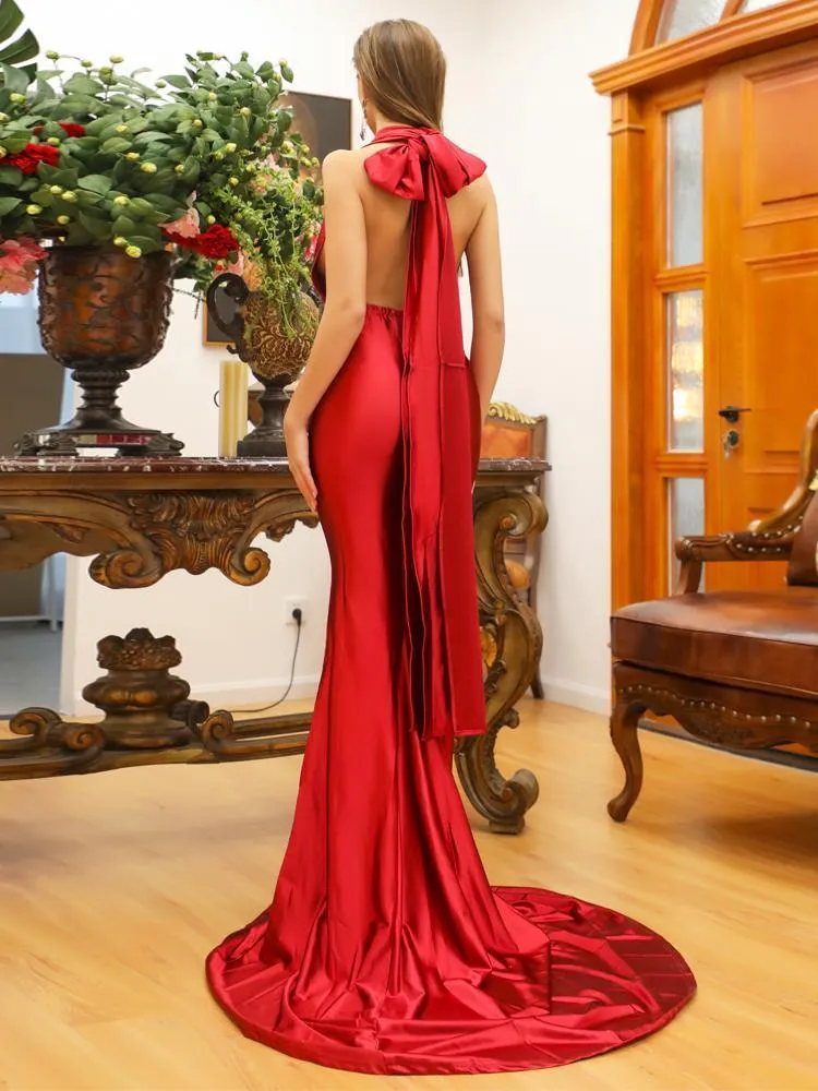 Halter Satin Red Maxi Night Out Dress