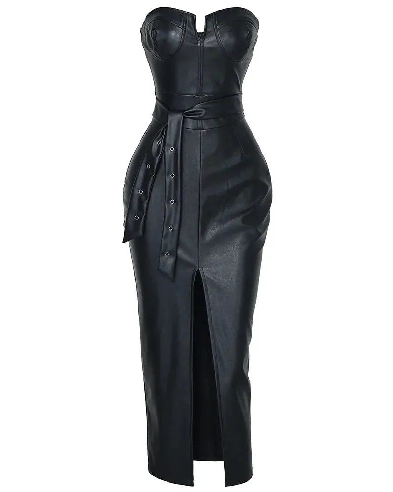 High Slit Faux Leather Dress