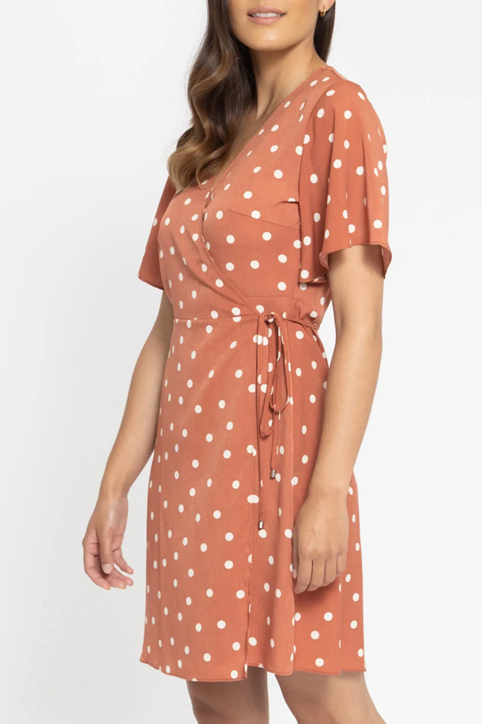 Holiday Terracotta Spot SS Wrap Mini Dress