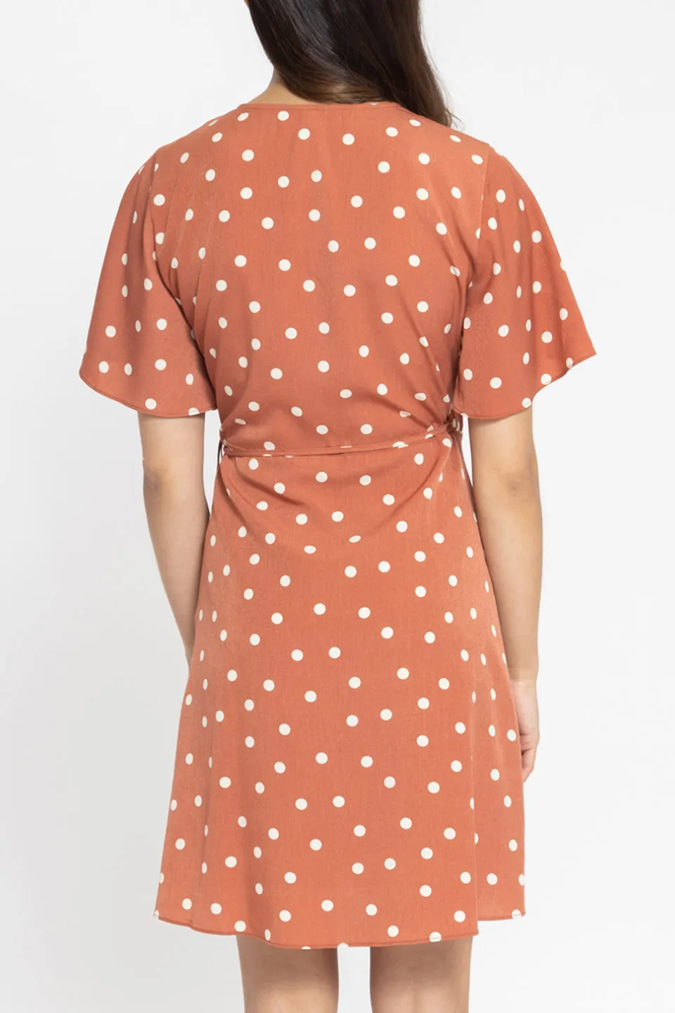 Holiday Terracotta Spot SS Wrap Mini Dress