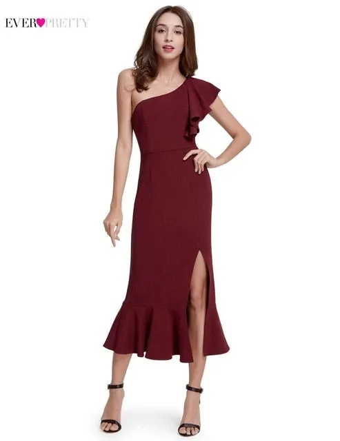 Hot Sale Ever Pretty Elegant Burgundy Evening Dresses Tea-Length Split Simple Design Women Formal Evening Gowns