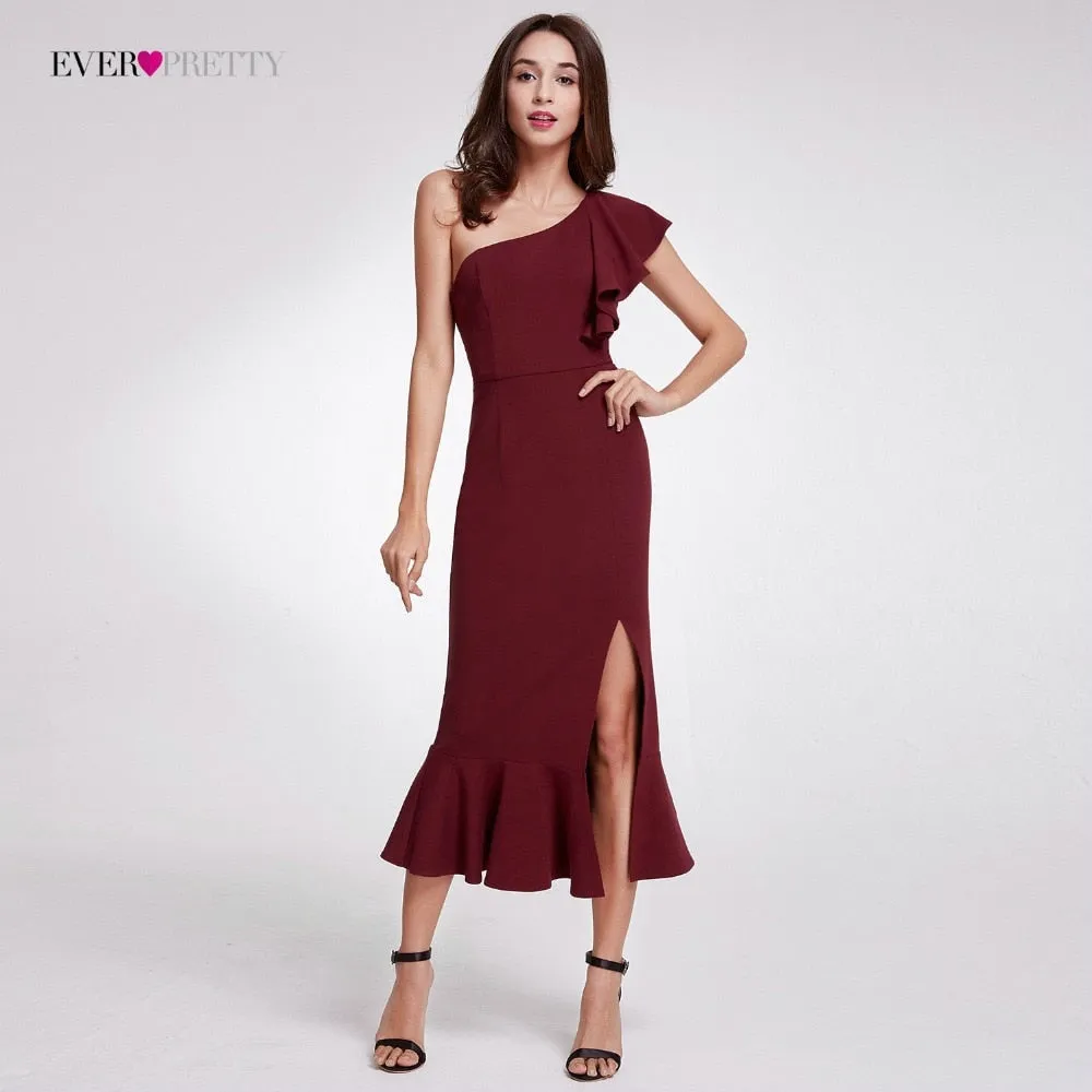 Hot Sale Ever Pretty Elegant Burgundy Evening Dresses Tea-Length Split Simple Design Women Formal Evening Gowns