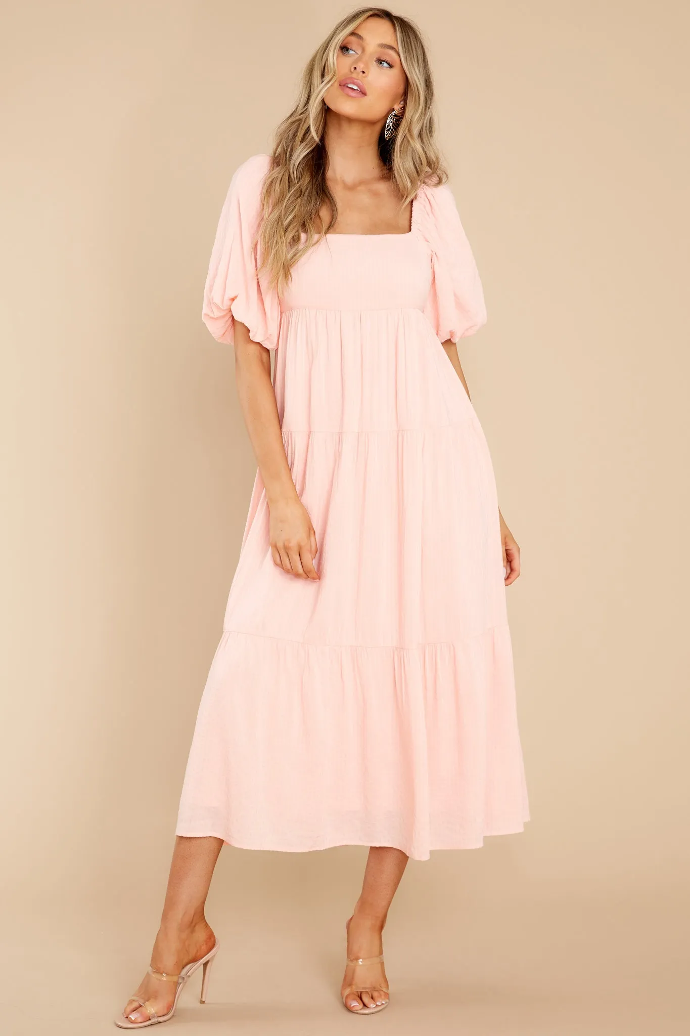 Iluka Peach Puff Sleeve Midi Dress