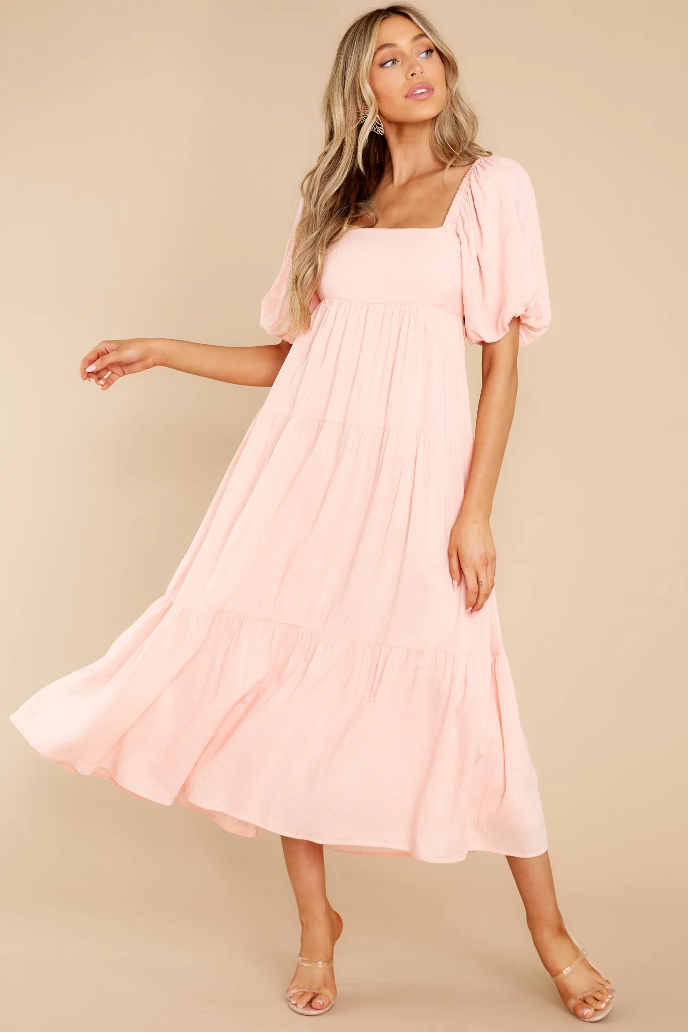 Iluka Peach Puff Sleeve Midi Dress