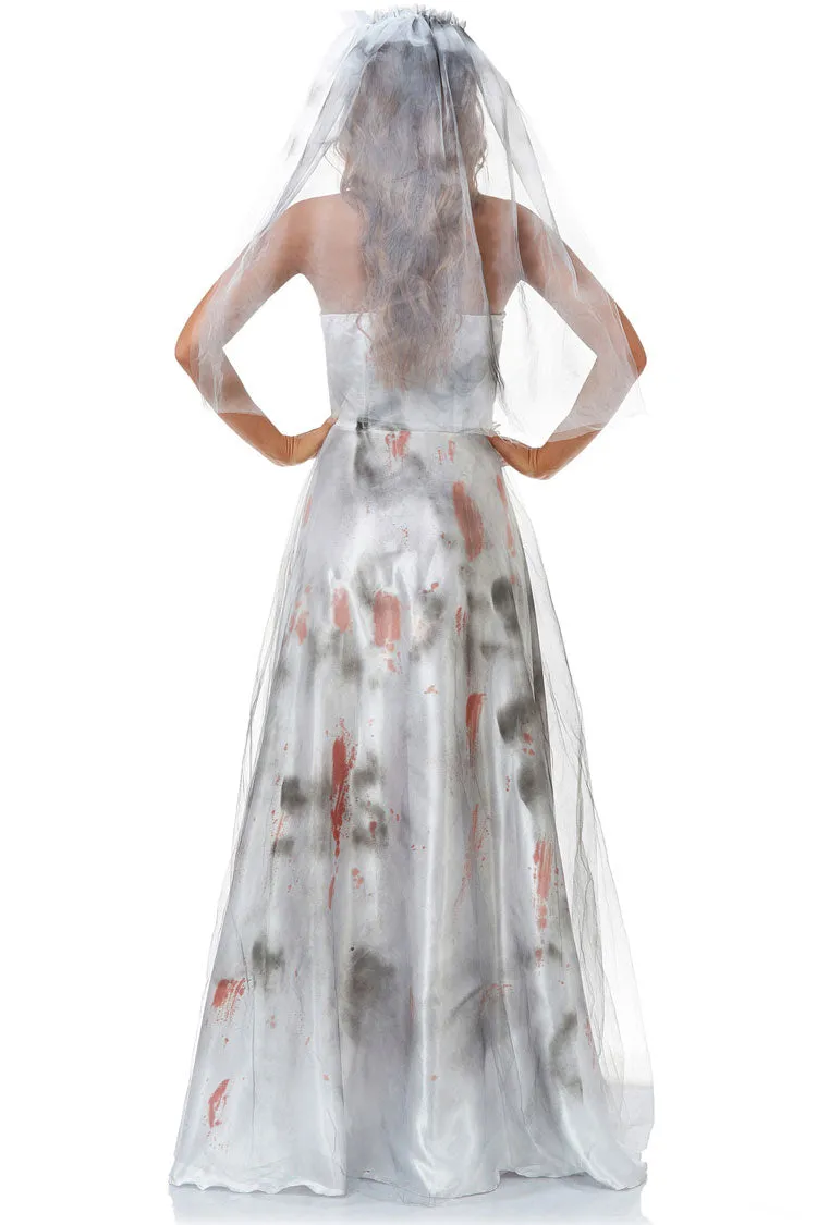 Incredible Zombie Bride Halloween Tie Dye Mesh Satin Strapless Maxi Dress - White