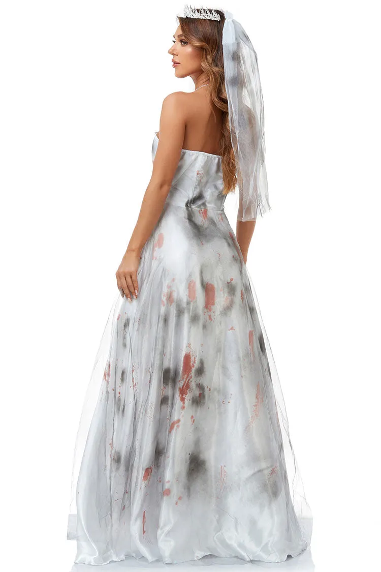 Incredible Zombie Bride Halloween Tie Dye Mesh Satin Strapless Maxi Dress - White