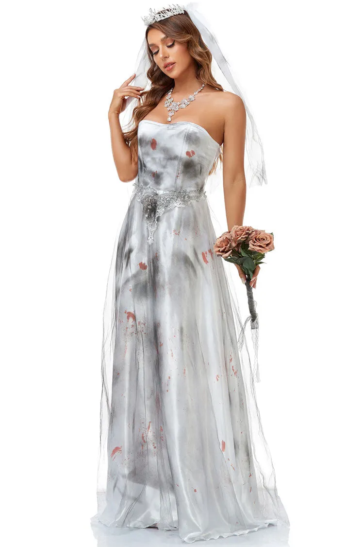 Incredible Zombie Bride Halloween Tie Dye Mesh Satin Strapless Maxi Dress - White