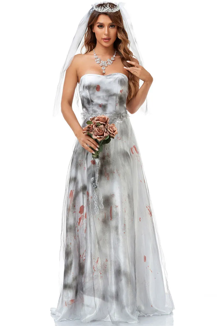 Incredible Zombie Bride Halloween Tie Dye Mesh Satin Strapless Maxi Dress - White