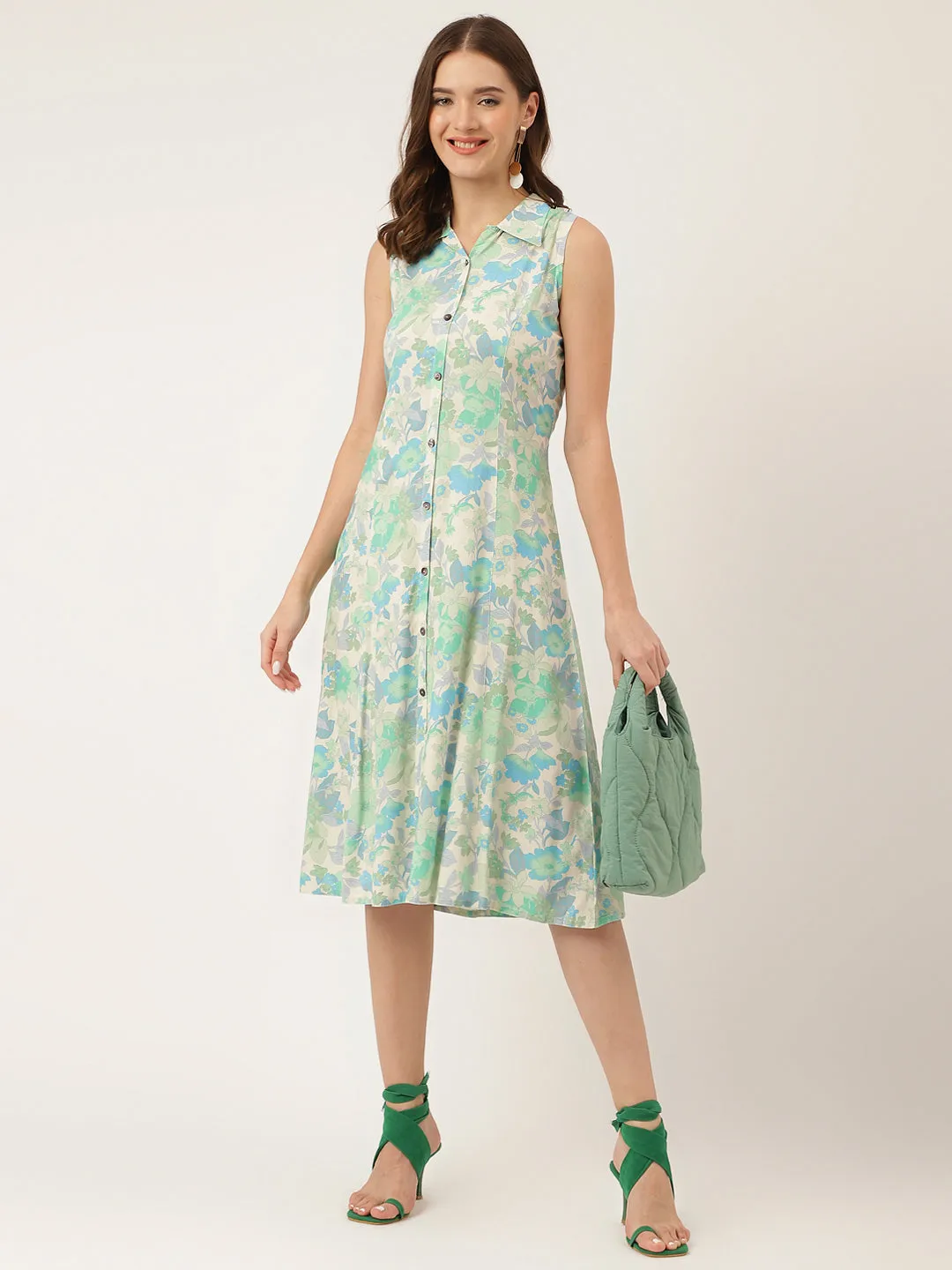 Jashvi Green Floral Print Rayon A-Line Midi Dress with Attached Sleeves for Women