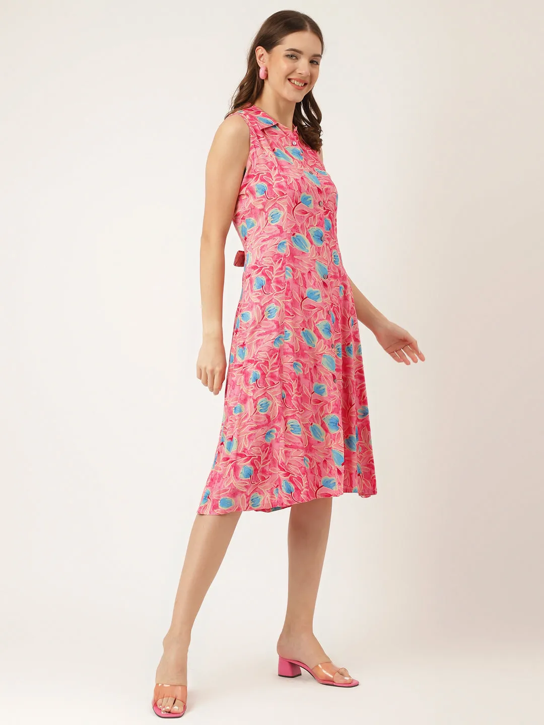 Jashvi Pink Floral Print Rayon A-Line Midi Dress with Attached Sleeves for Women