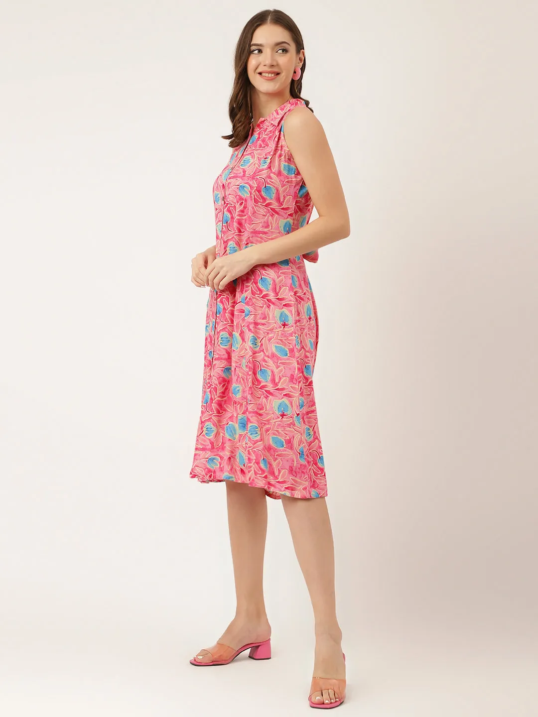 Jashvi Pink Floral Print Rayon A-Line Midi Dress with Attached Sleeves for Women