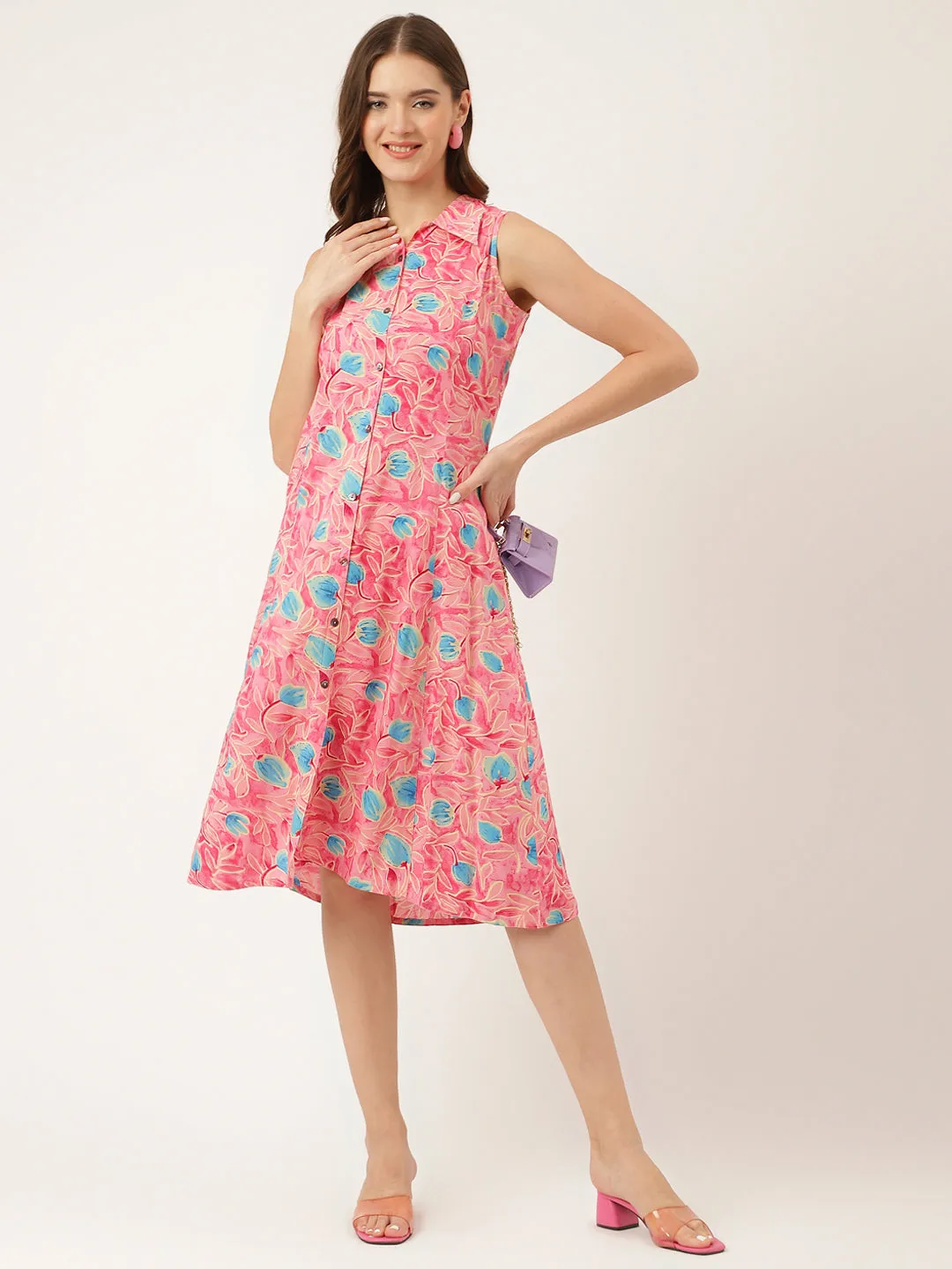 Jashvi Pink Floral Print Rayon A-Line Midi Dress with Attached Sleeves for Women