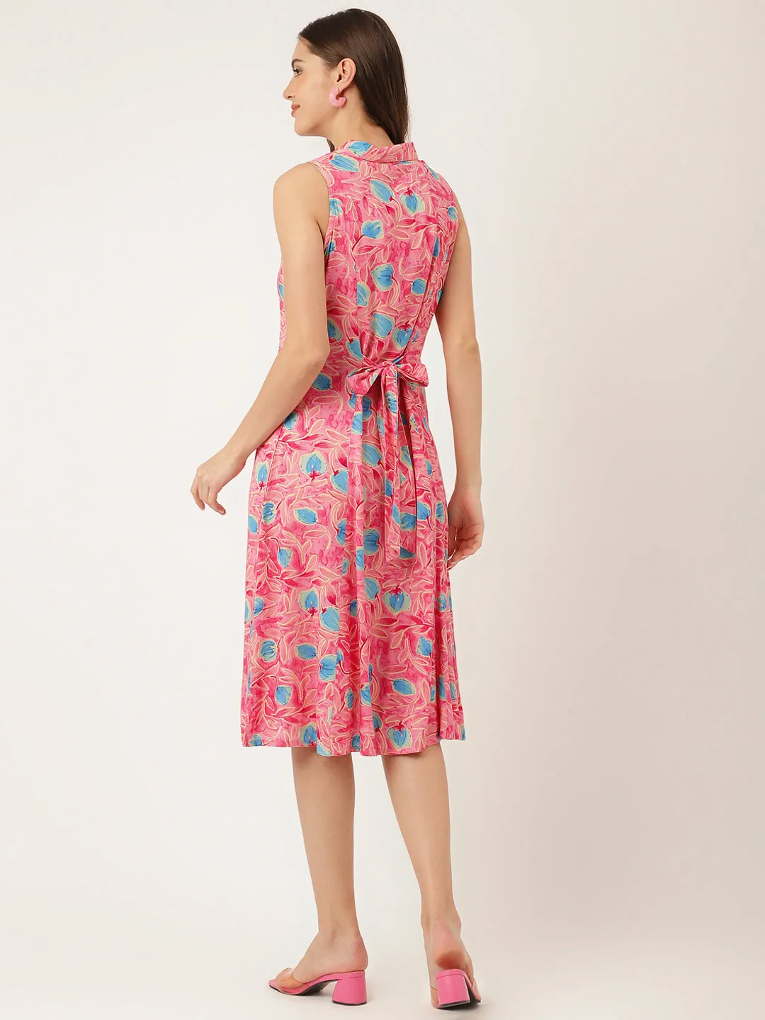 Jashvi Pink Floral Print Rayon A-Line Midi Dress with Attached Sleeves for Women