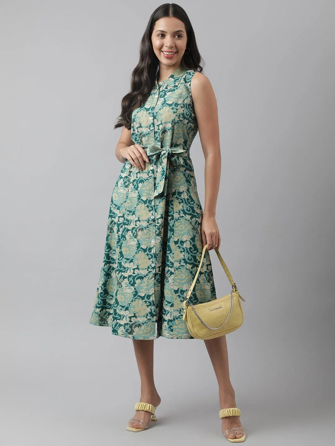 Jashvi Rayon Light Green A-Line Floral Printed Midi Dress