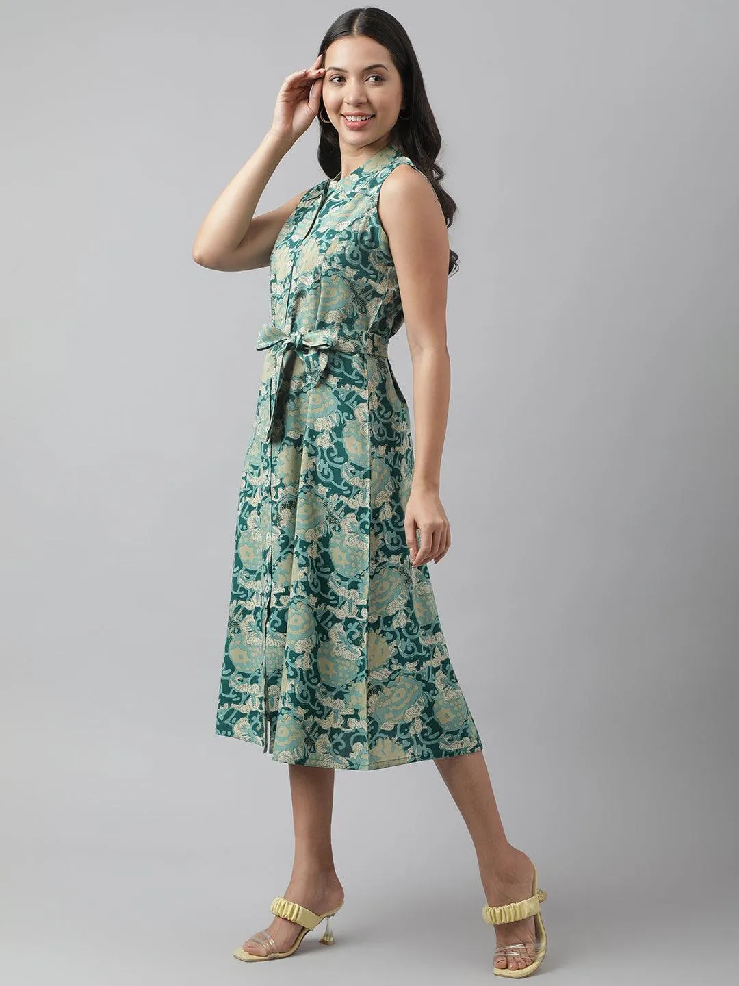 Jashvi Rayon Light Green A-Line Floral Printed Midi Dress