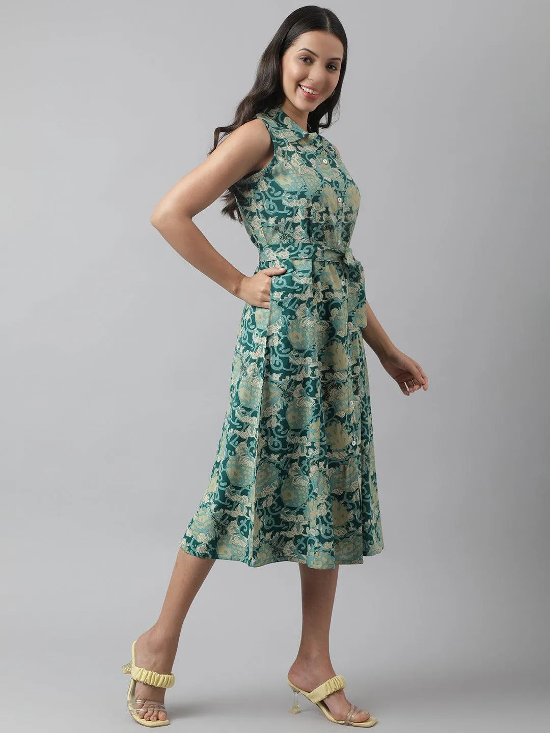 Jashvi Rayon Light Green A-Line Floral Printed Midi Dress