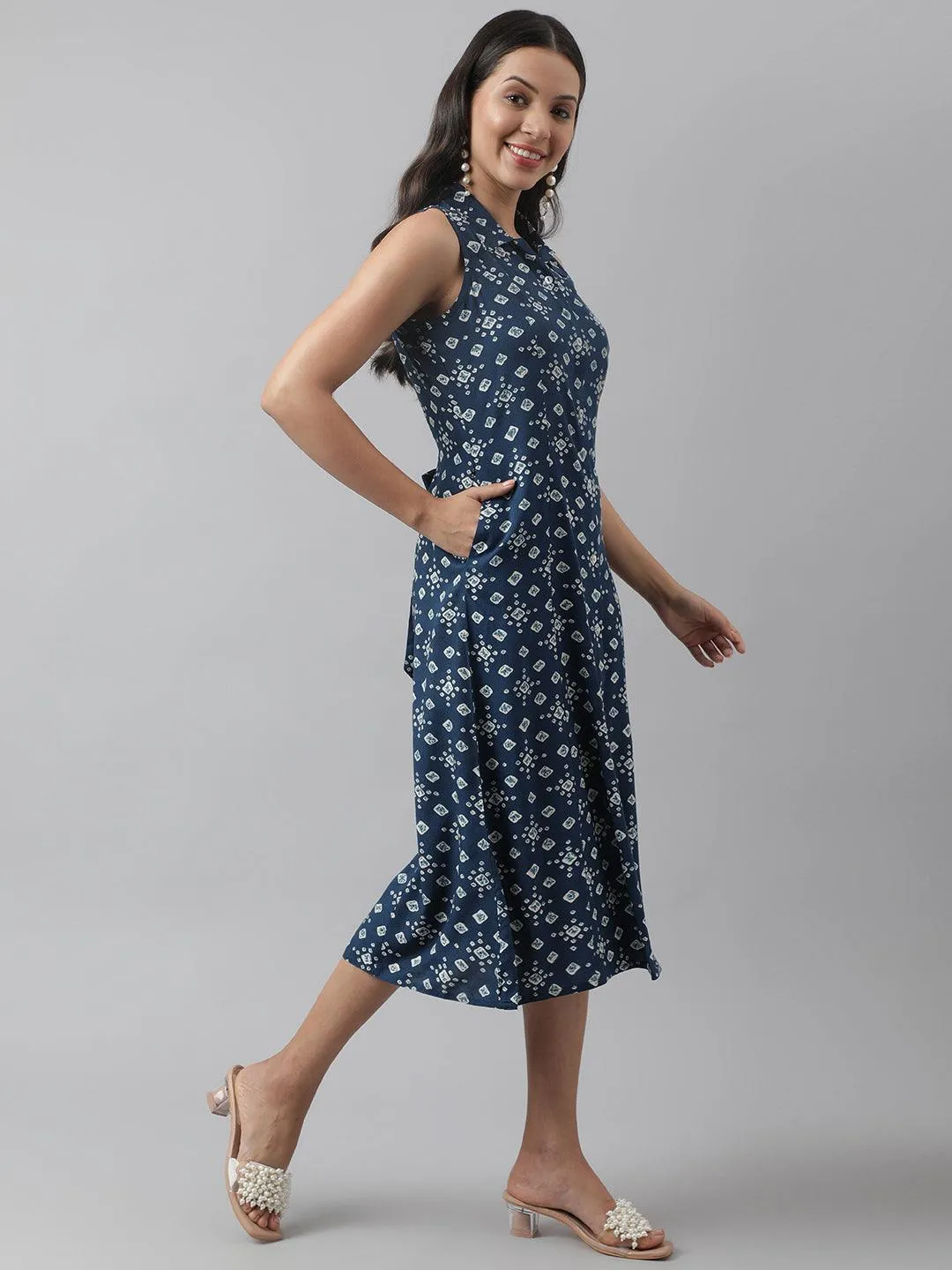 Jashvi Rayon Teal Blue A-Line Floral Printed Midi Dress