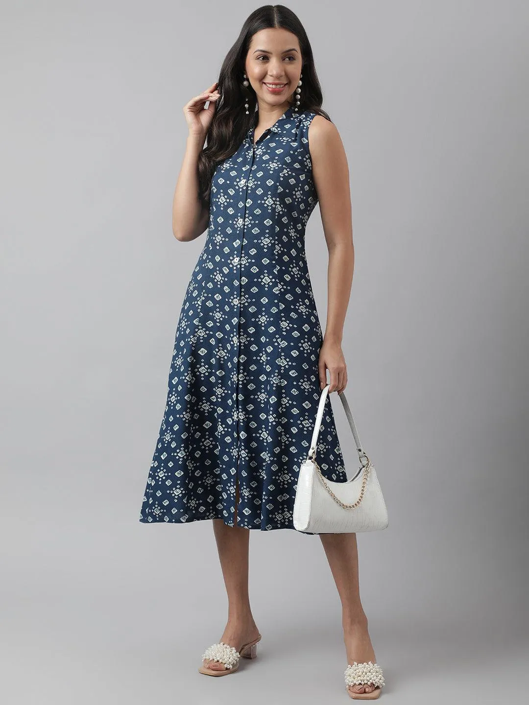 Jashvi Rayon Teal Blue A-Line Floral Printed Midi Dress