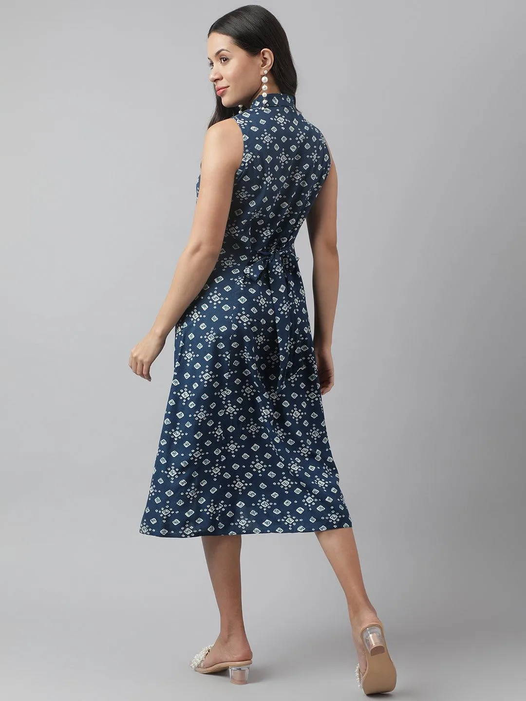 Jashvi Rayon Teal Blue A-Line Floral Printed Midi Dress