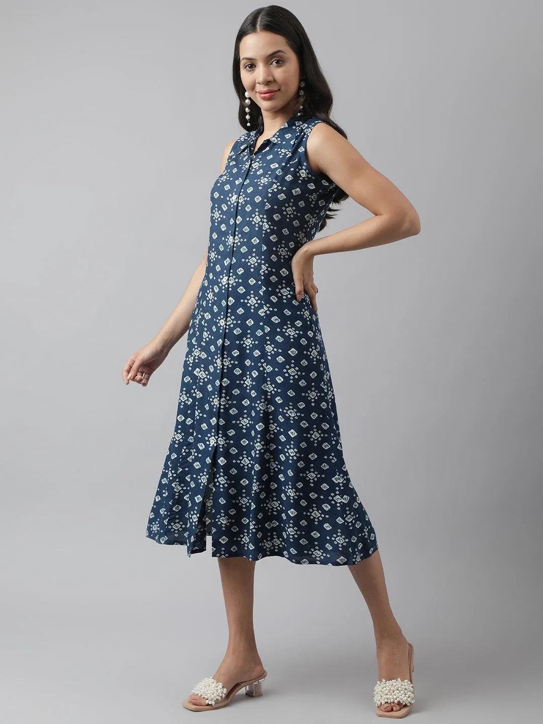 Jashvi Rayon Teal Blue A-Line Floral Printed Midi Dress