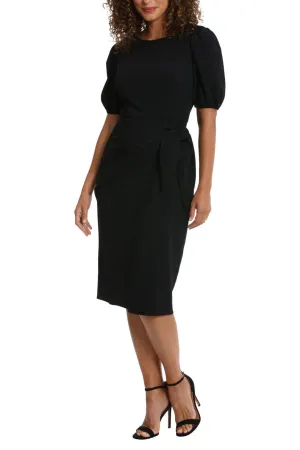 London Times Puff Sleeve Crew Neck Midi Sarong Wrap Dress