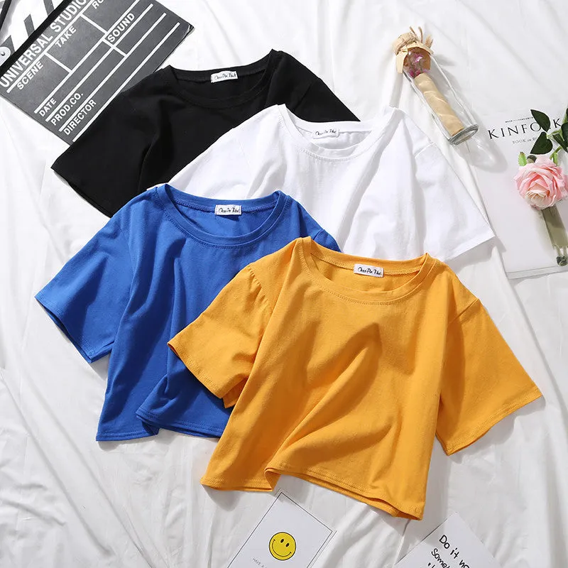 Loose solid color versatile short student T-shirt