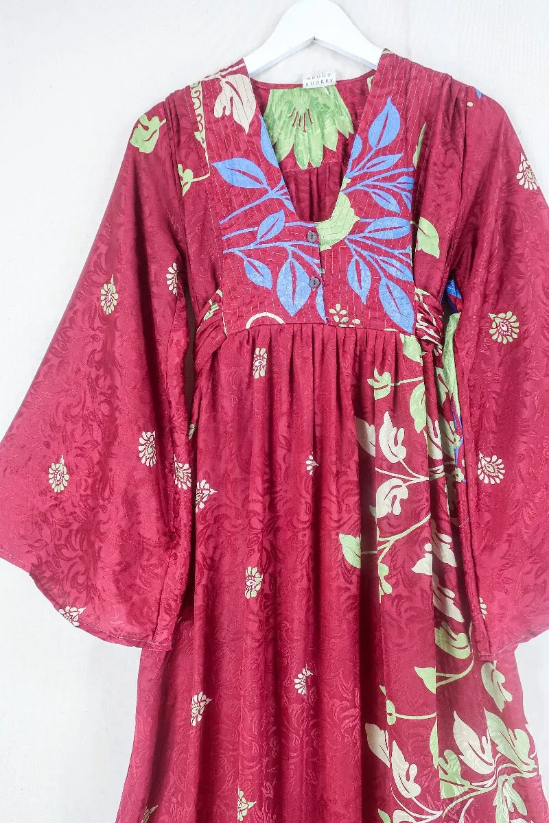 Lunar Maxi Dress - Vintage Sari - Crimson & Lime Leaves - Size XS