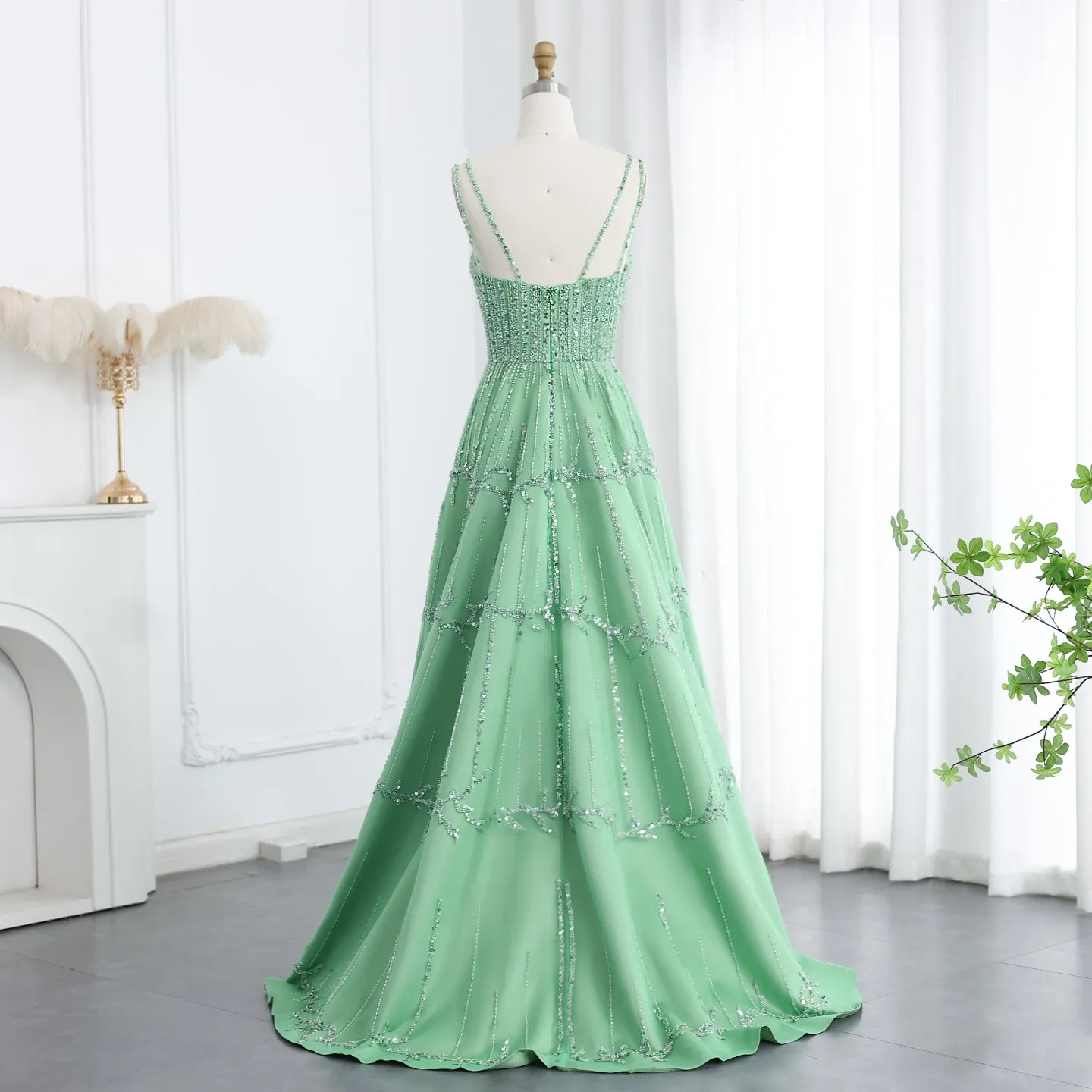 Luxury Beaded Green Spaghetti Evening Dresses SS225