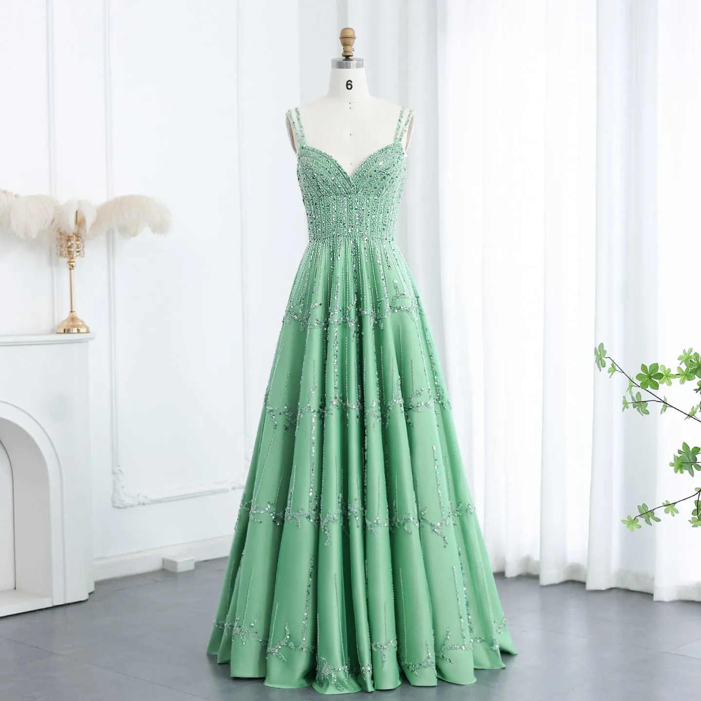 Luxury Beaded Green Spaghetti Evening Dresses SS225