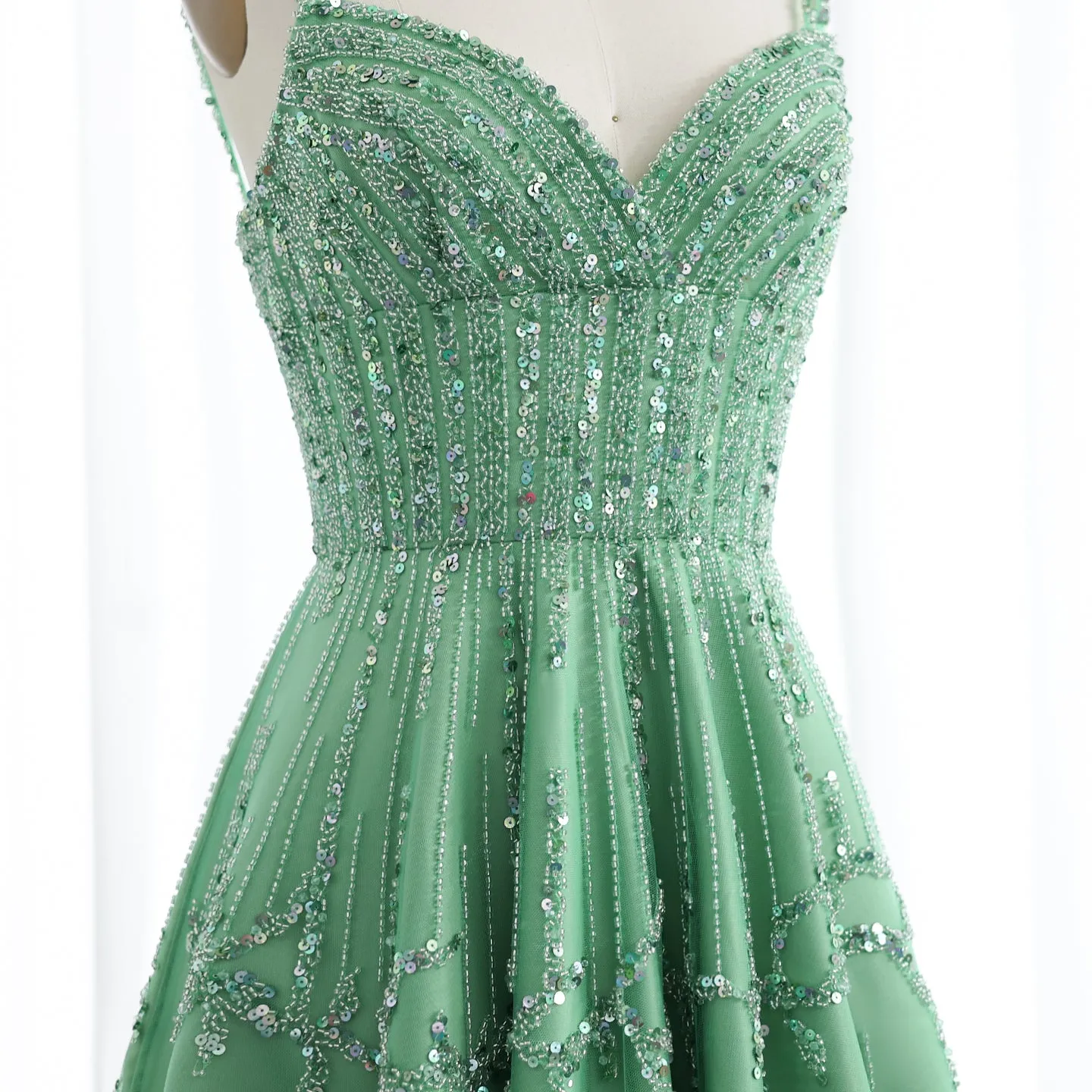 Luxury Beaded Green Spaghetti Evening Dresses SS225