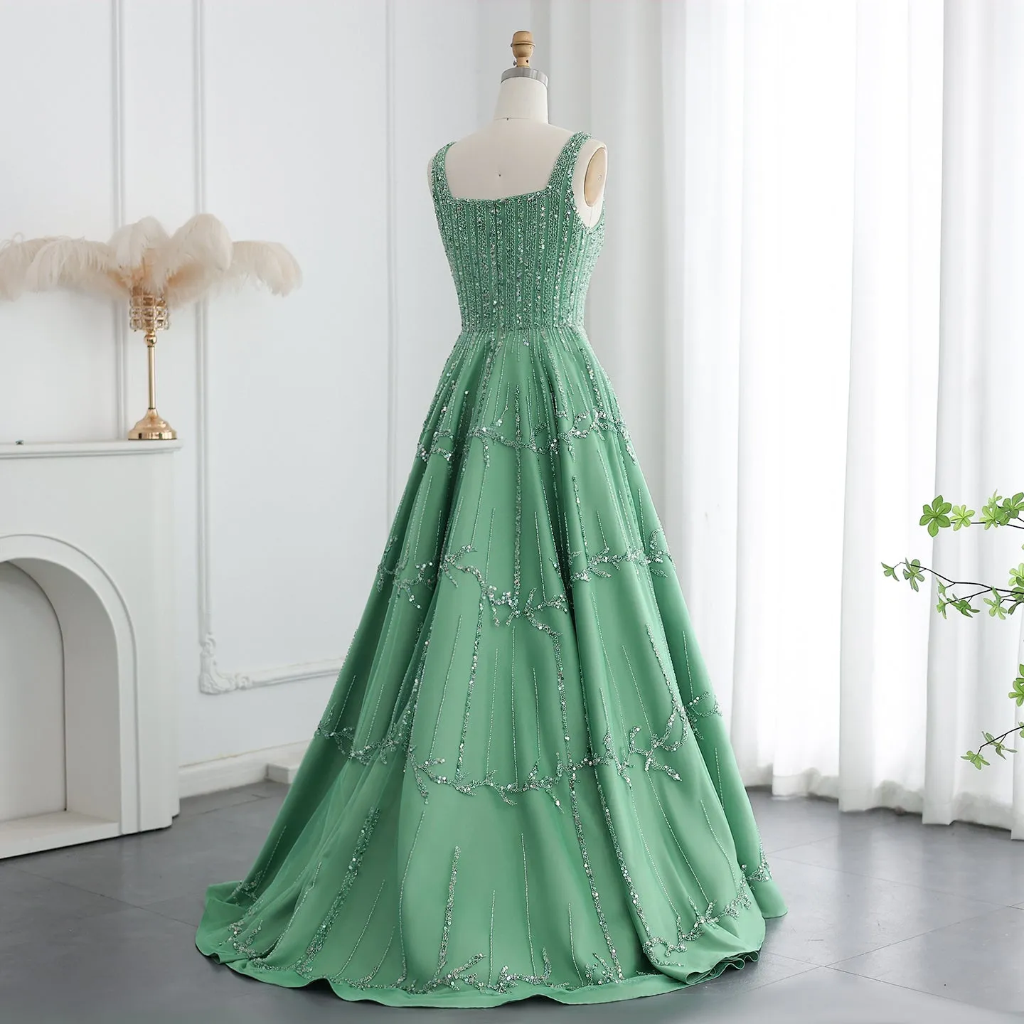 Luxury Beaded Green Spaghetti Evening Dresses SS225