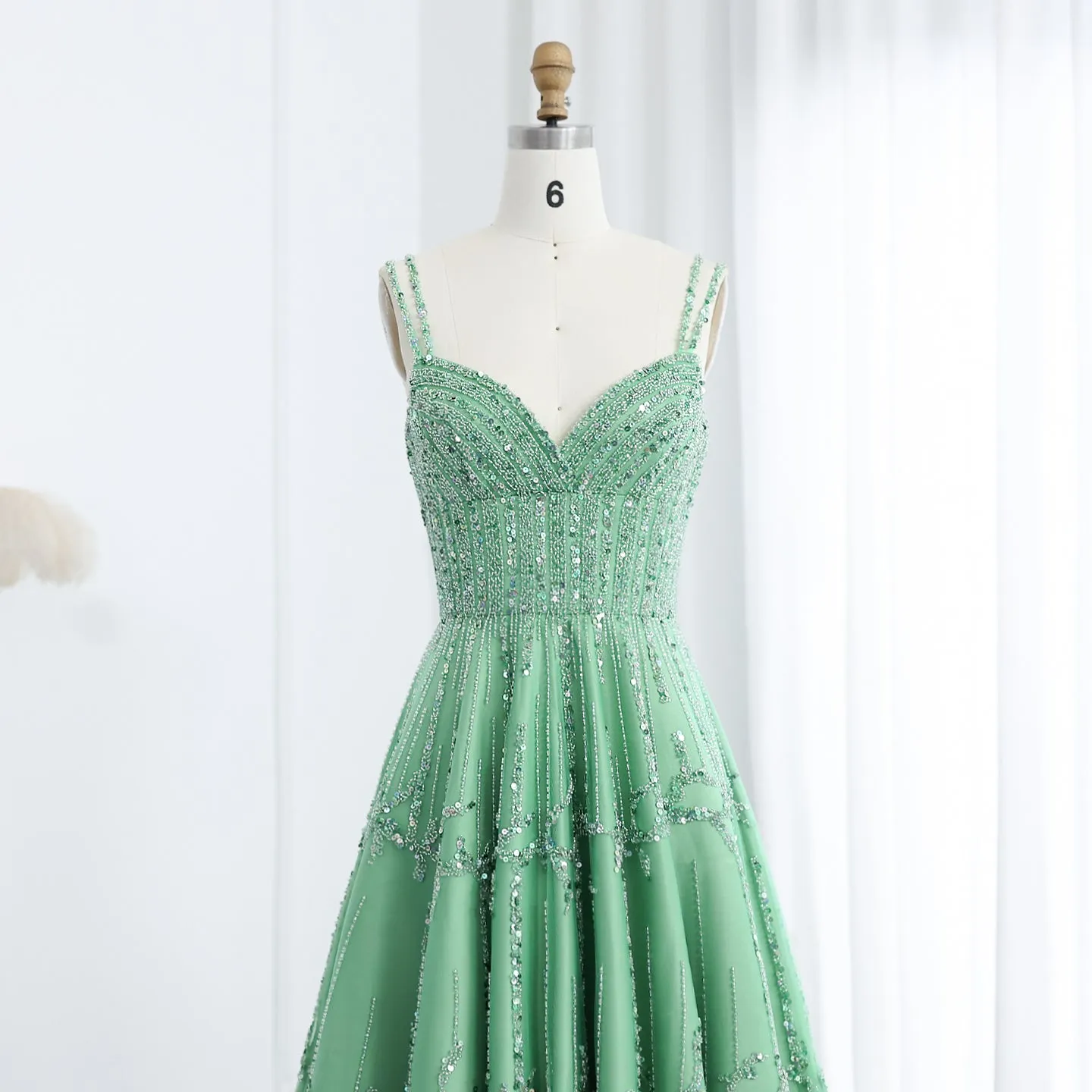 Luxury Beaded Green Spaghetti Evening Dresses SS225