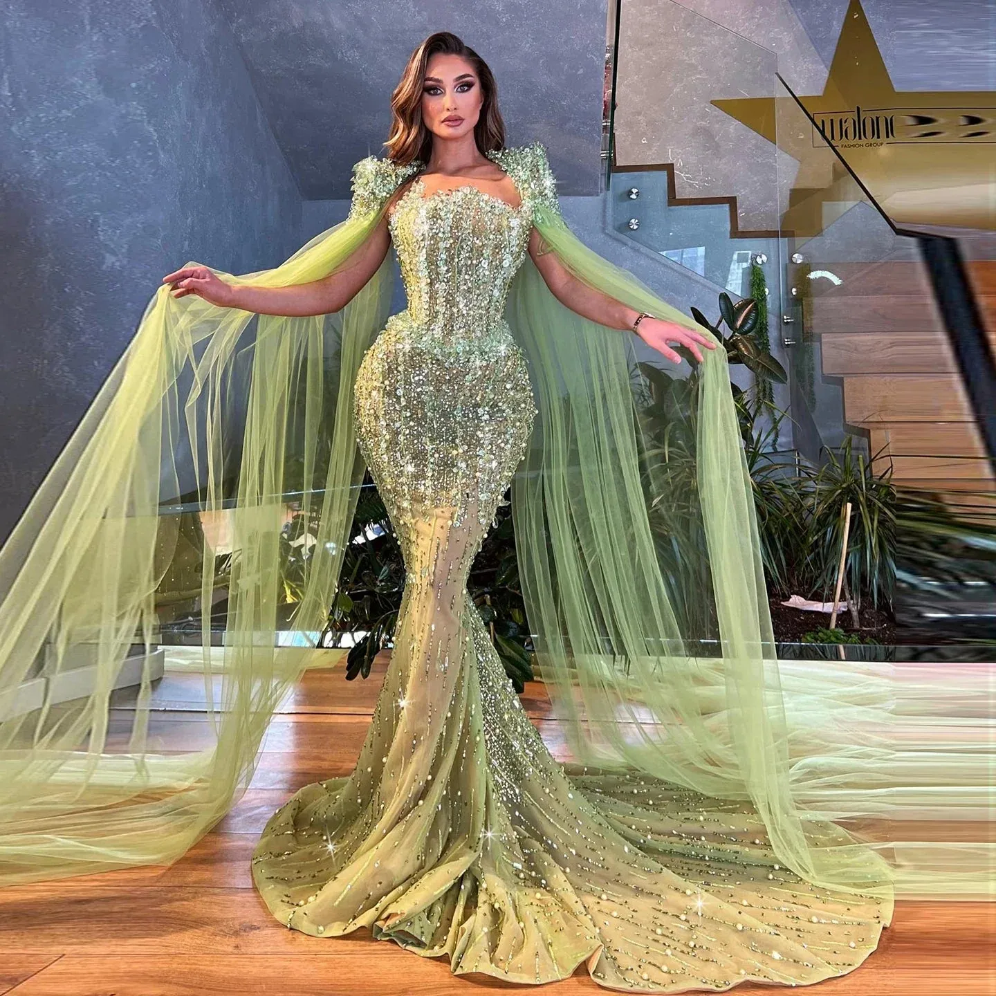 Luxury Beaded Lime Green Evening Dress with Cape Sleeves SS443