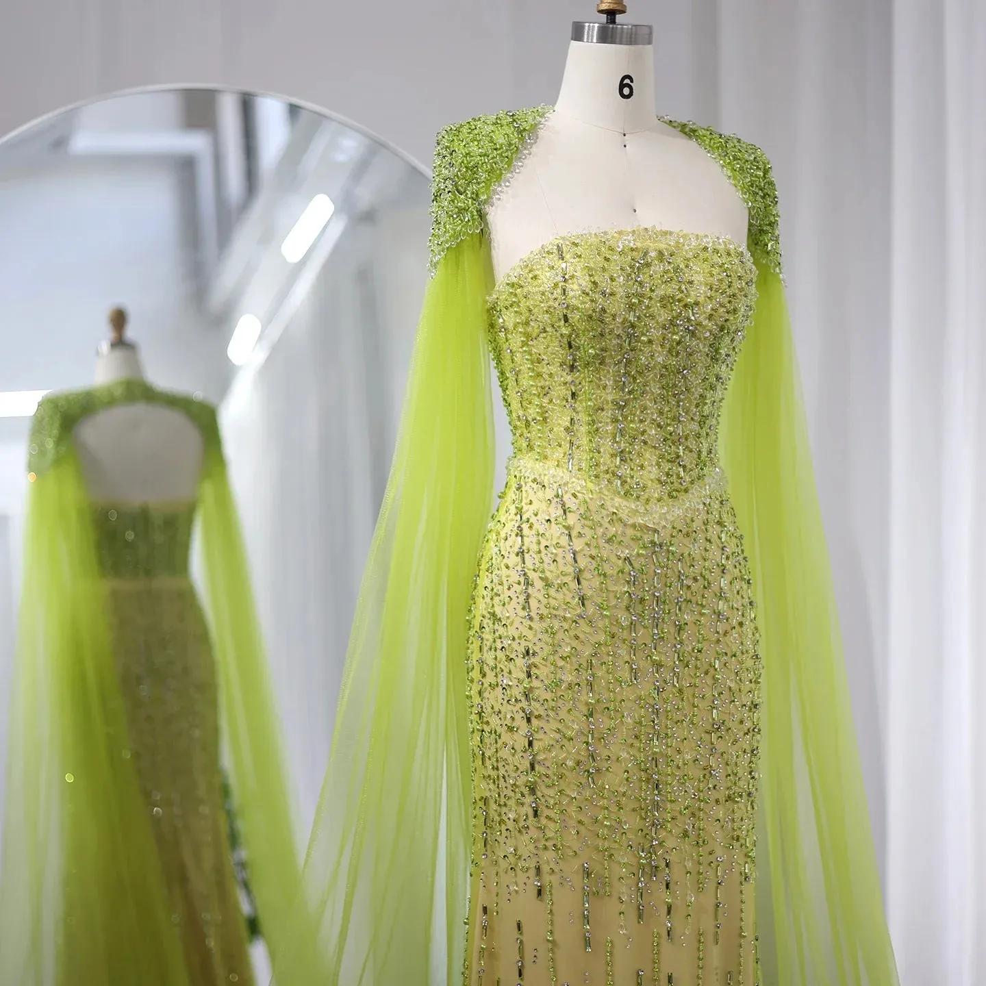 Luxury Beaded Lime Green Evening Dress with Cape Sleeves SS443