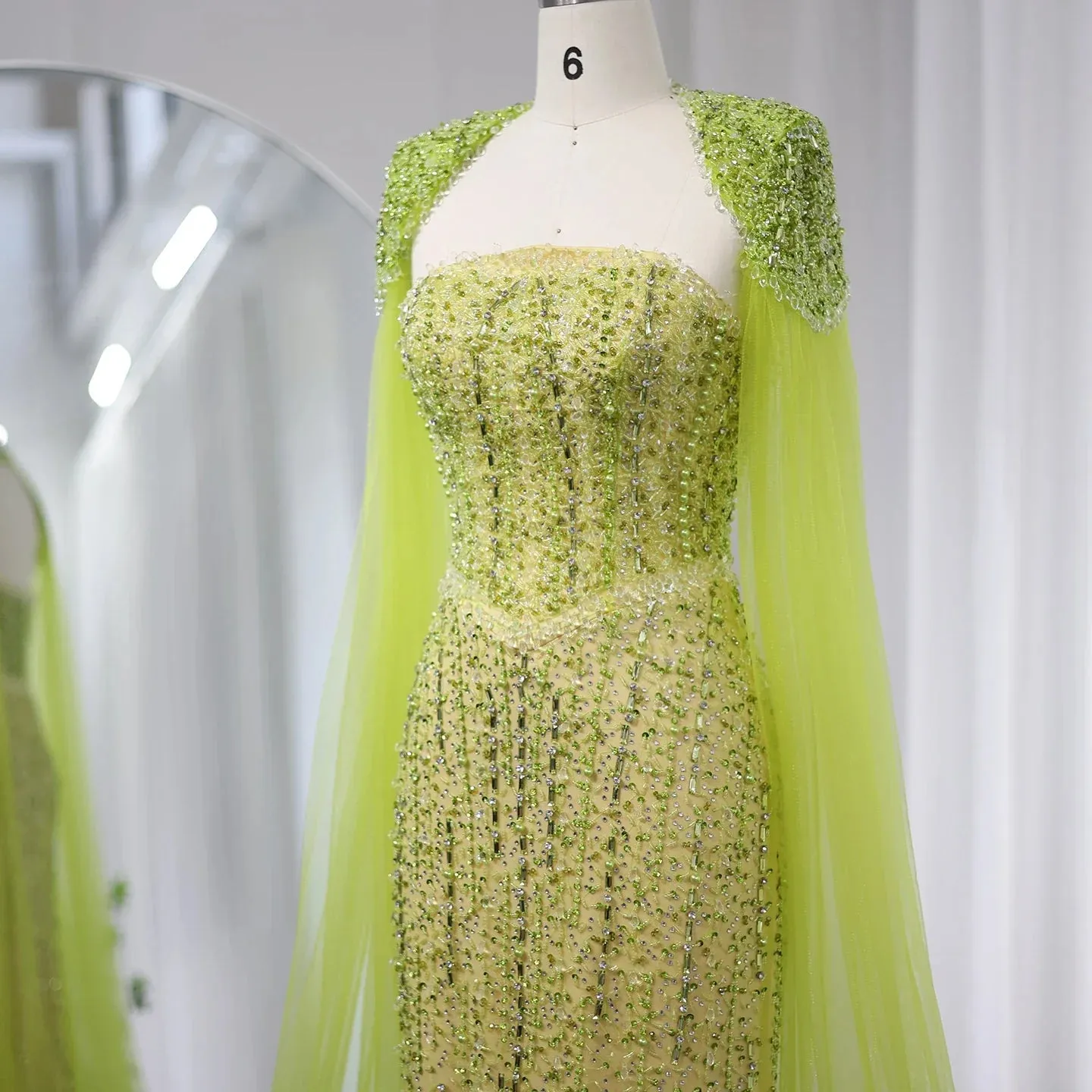 Luxury Beaded Lime Green Evening Dress with Cape Sleeves SS443