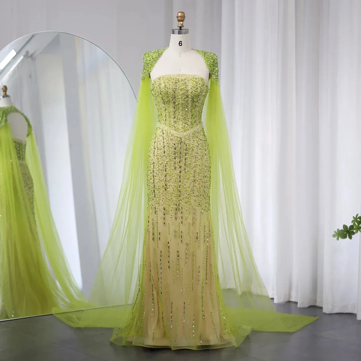 Luxury Beaded Lime Green Evening Dress with Cape Sleeves SS443