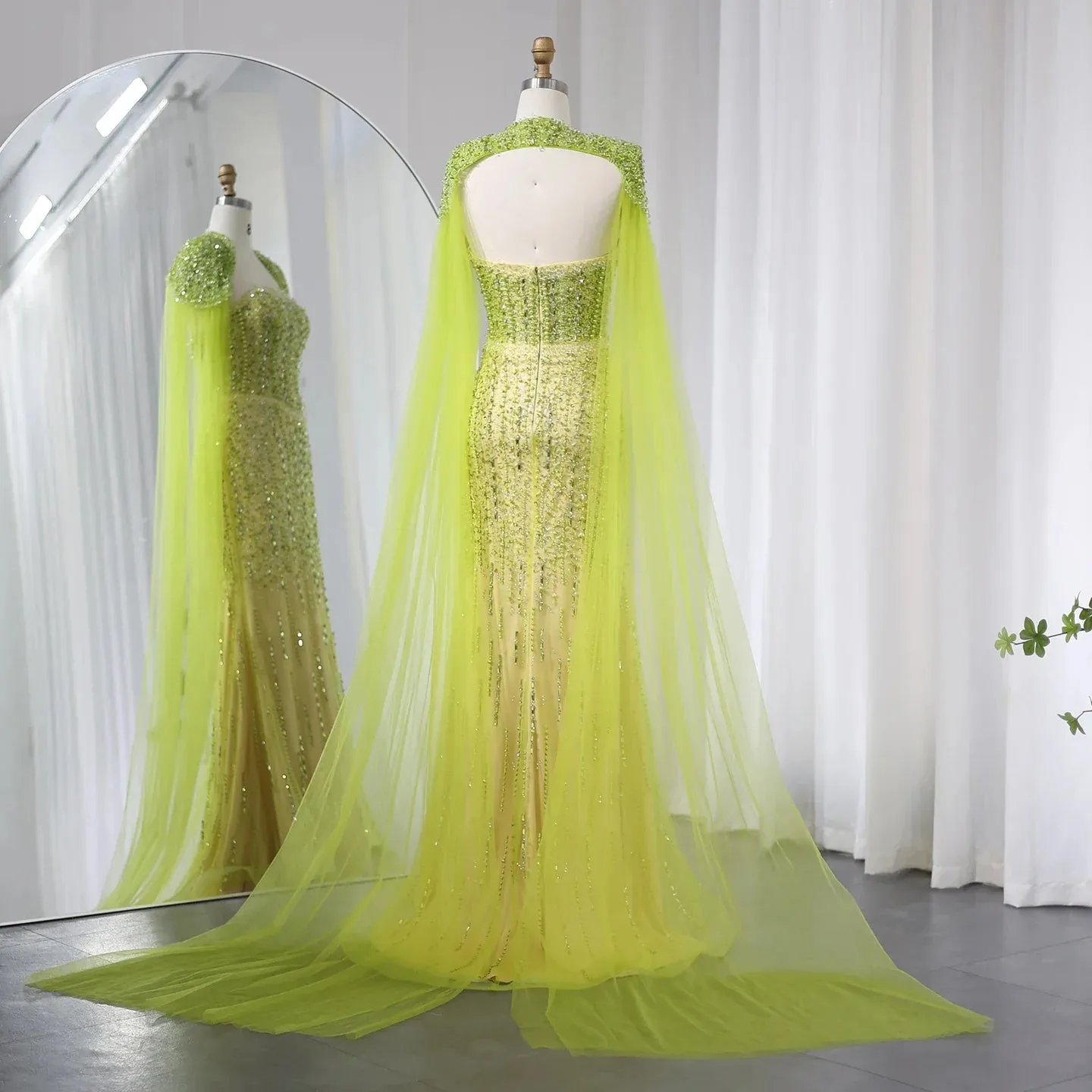 Luxury Beaded Lime Green Evening Dress with Cape Sleeves SS443