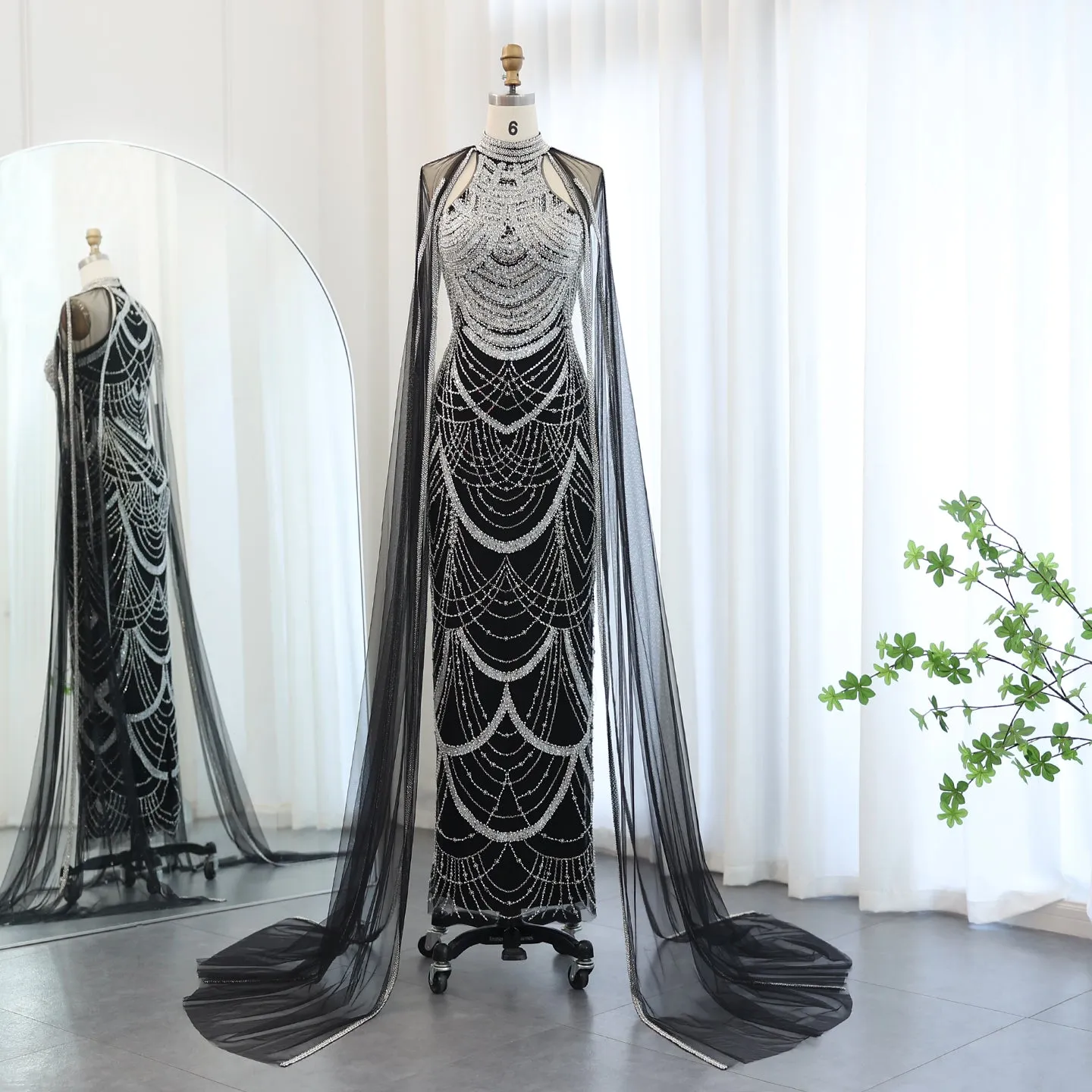 Luxury Black Evening Dress with Cape Sleeves SS209