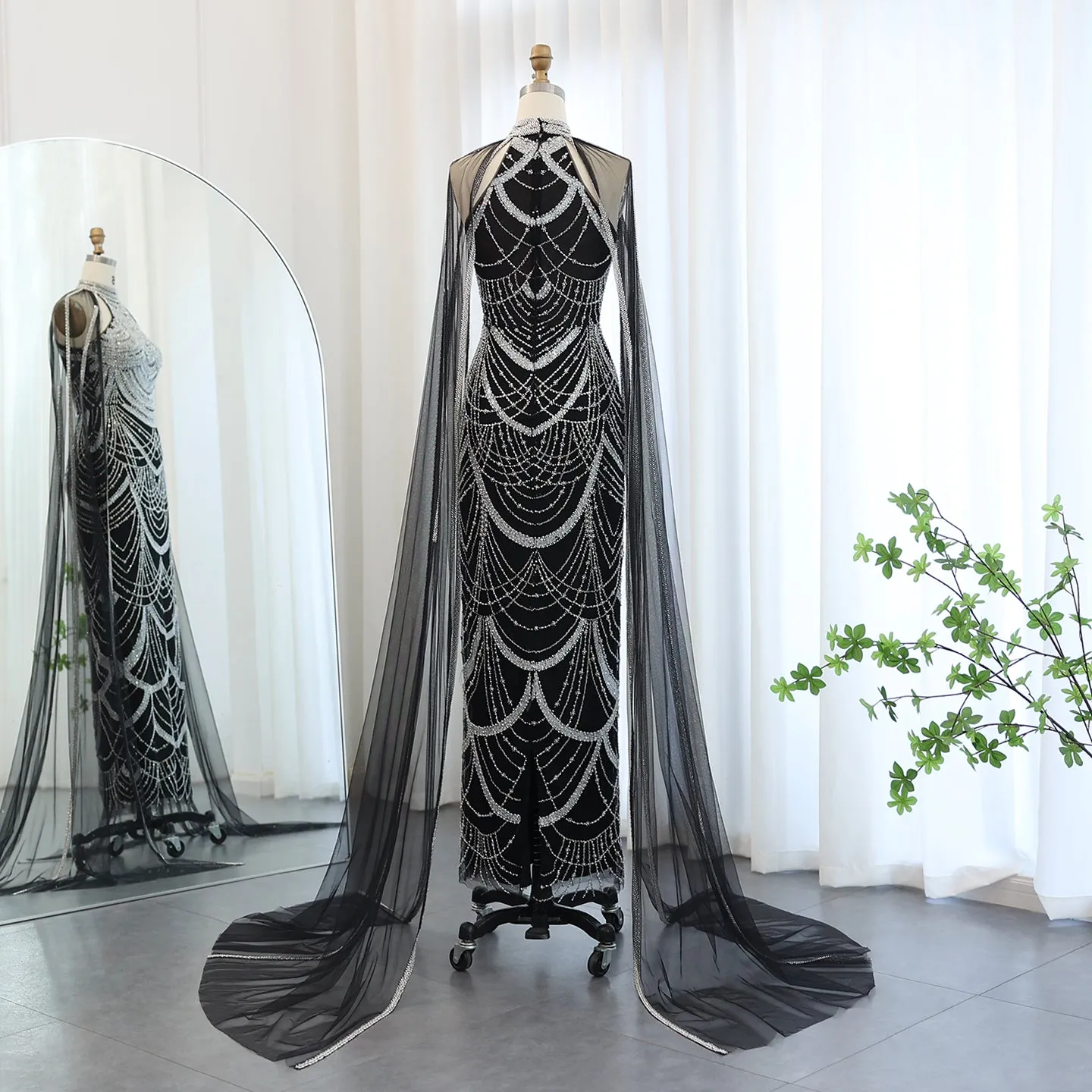 Luxury Black Evening Dress with Cape Sleeves SS209