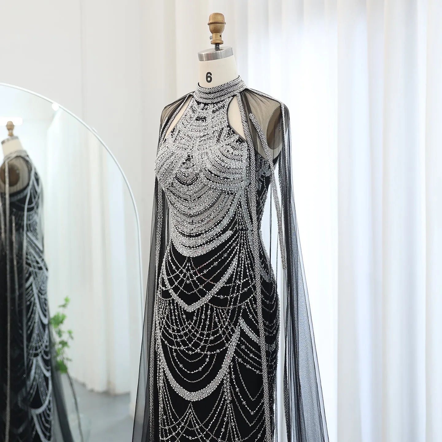 Luxury Black Evening Dress with Cape Sleeves SS209