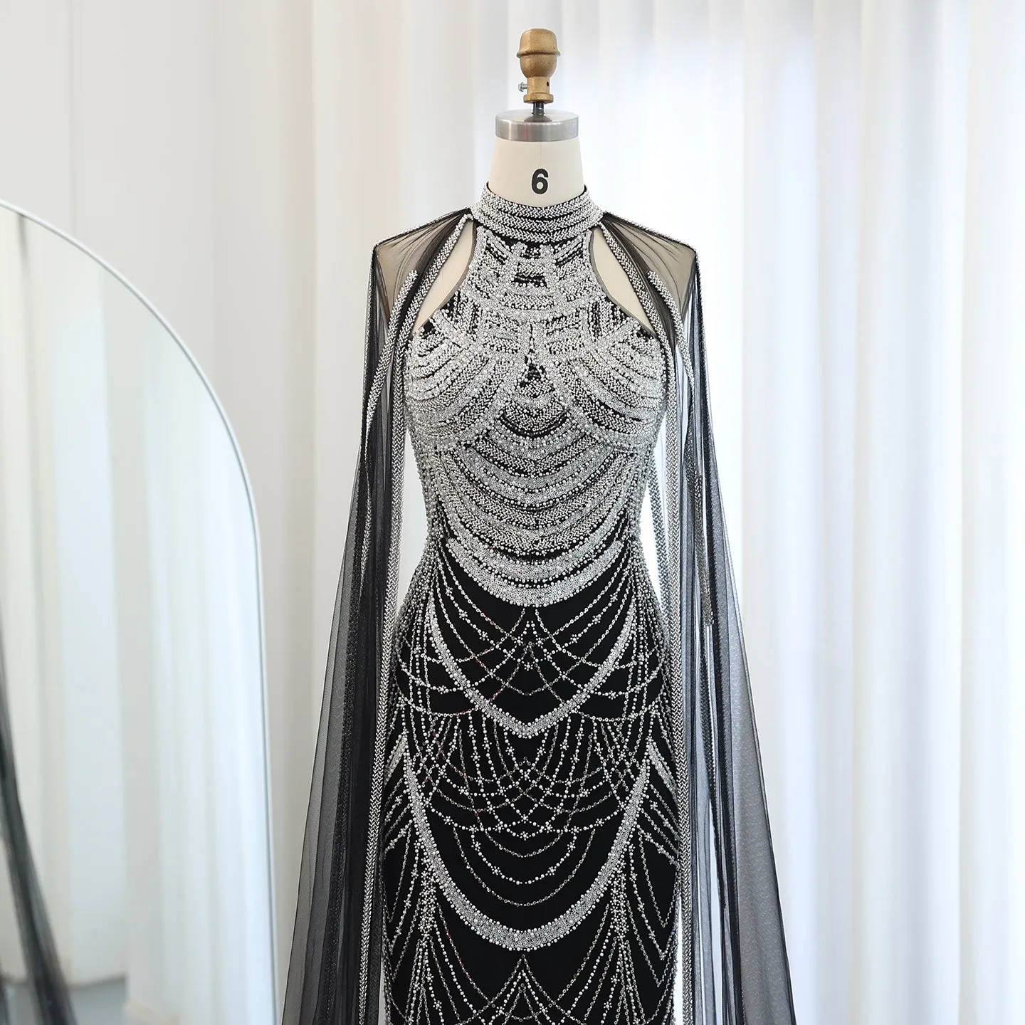 Luxury Black Evening Dress with Cape Sleeves SS209