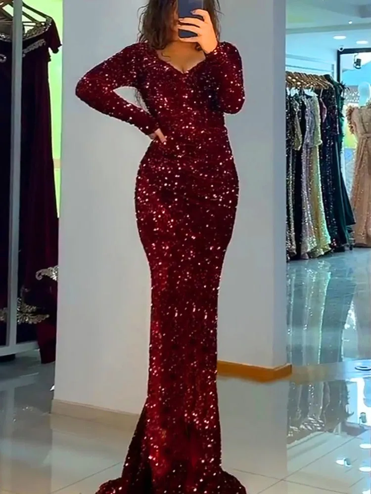 Luxury Black Long Sleeve Evening Gown Sequin Stretchy Velvet V Neck Mermaid Prom Floor Length Dress Burgundy Winter