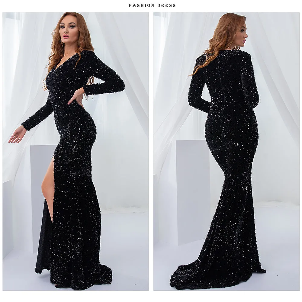 Luxury Black Long Sleeve Evening Gown Sequin Stretchy Velvet V Neck Mermaid Prom Floor Length Dress Burgundy Winter